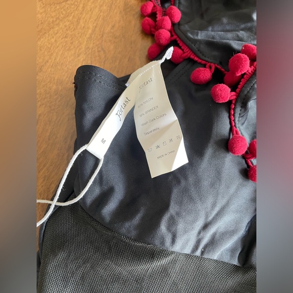 🏝️Fortast 1-Piece Black Bathing Suit with Garnet Pom poms - Picture 4 of 4